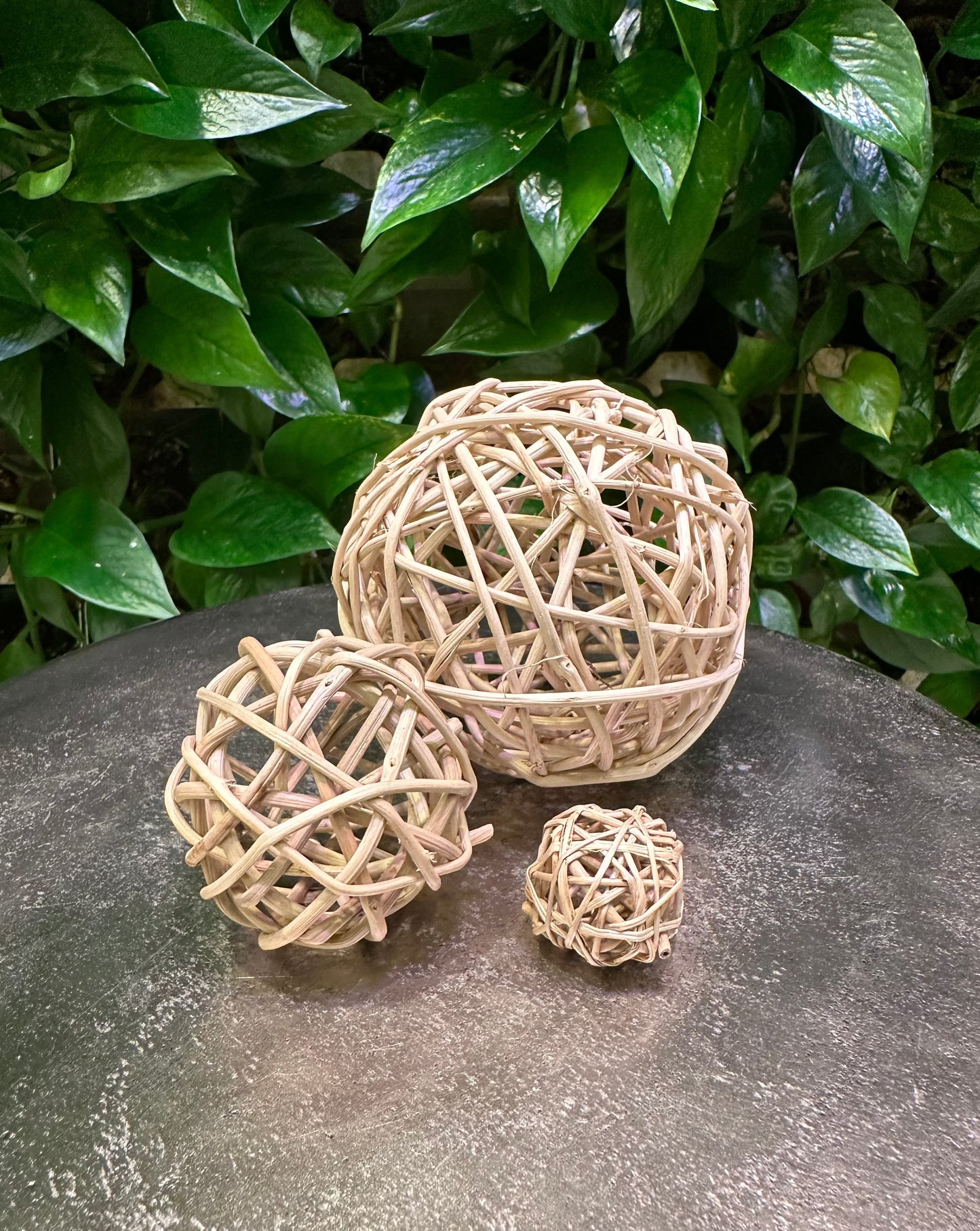 three vine balls 1" 2" and 4" on table