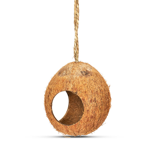 coconut birdhouse with three holes and fiber and coconut rope