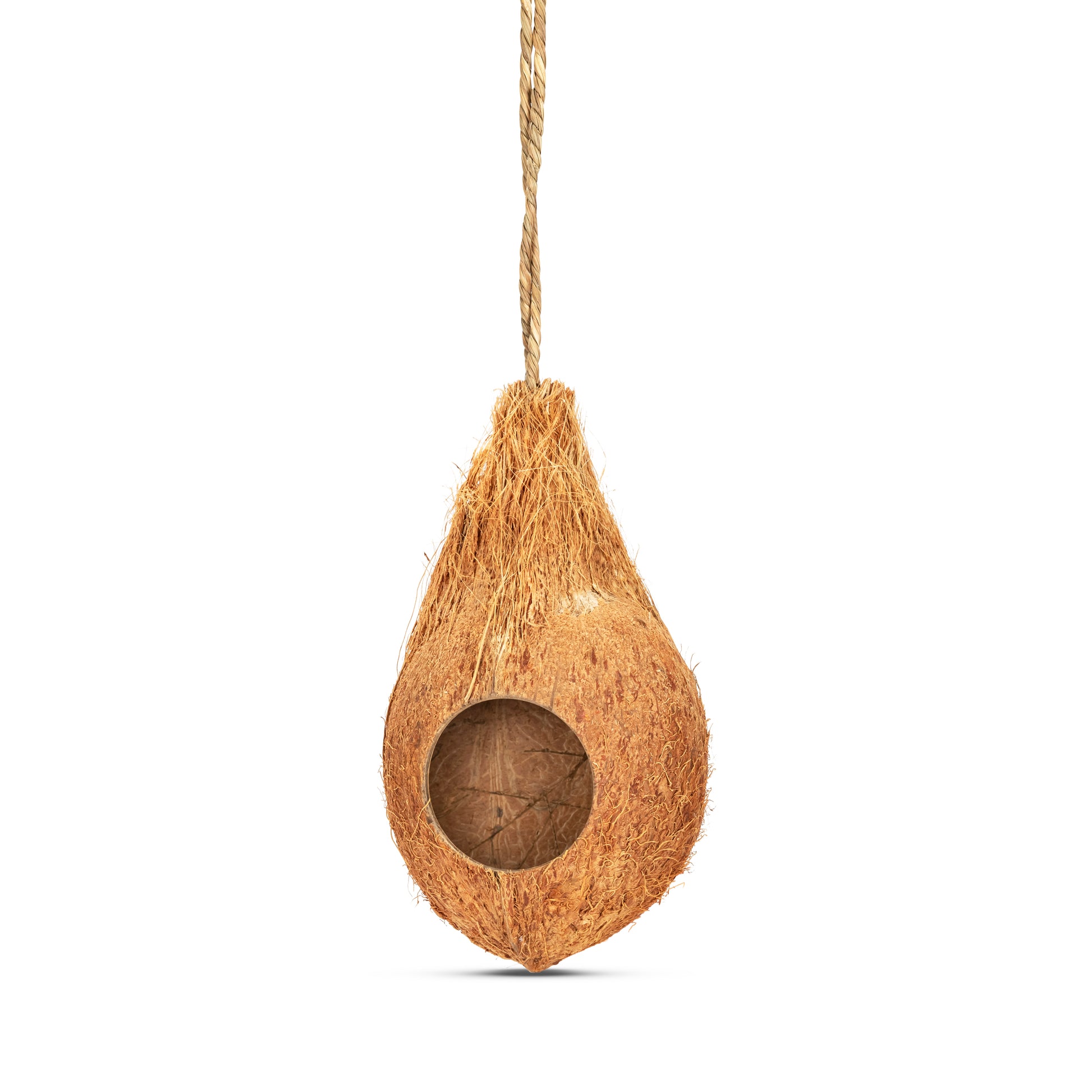 coconut shell birdhouse with one hold and coconut rope